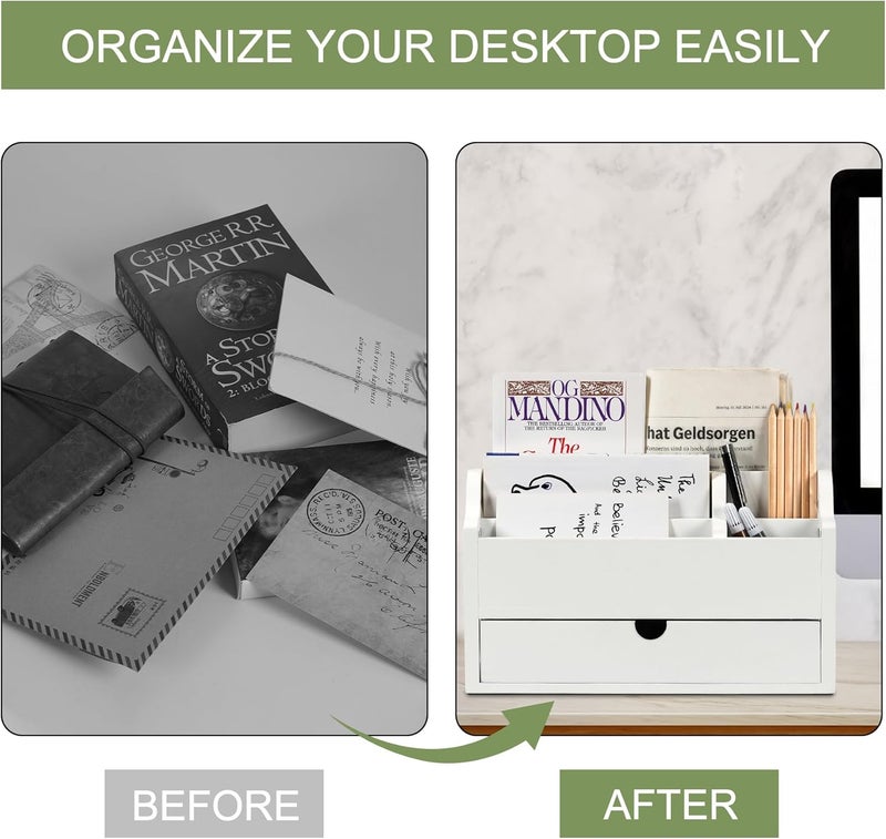 Dhmkfly Desk Organizer with Drawer Wood File Office Mail Organizer Countertop-5 Slot Tabletop Storage Pen Organizer Letter Holder for School Home Office Supplies (White) - Image 5
